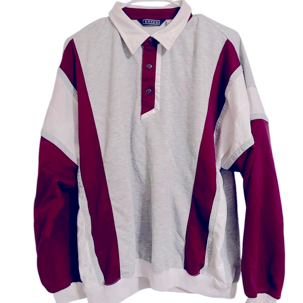 VTG Envoy Mens Sz XL Banded Waist & Sleeve‎ Long Sleeve Polo Shirt Striped